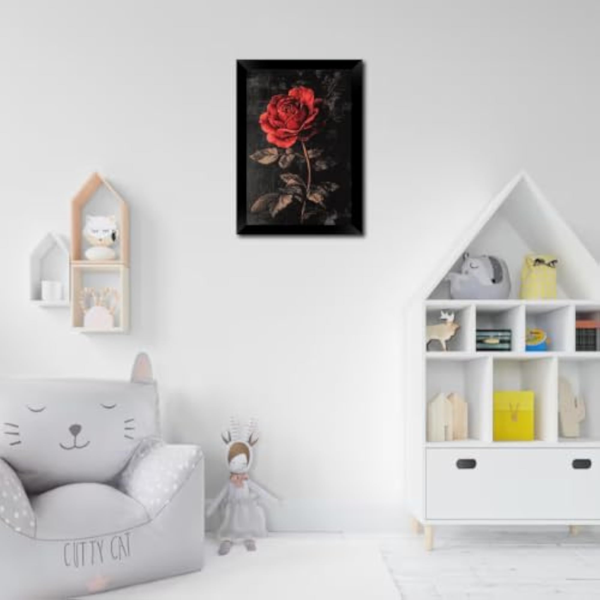 Red Rose Wall Art Framed, Vintage Floral Canvas Painting